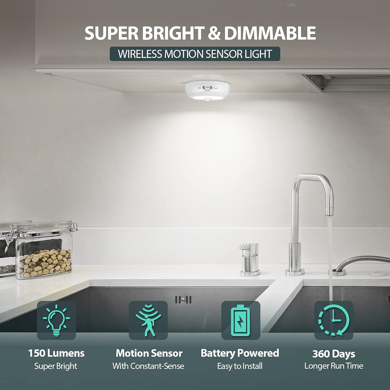 dimmable brightness from 20lm to 150lm via +/- push button control