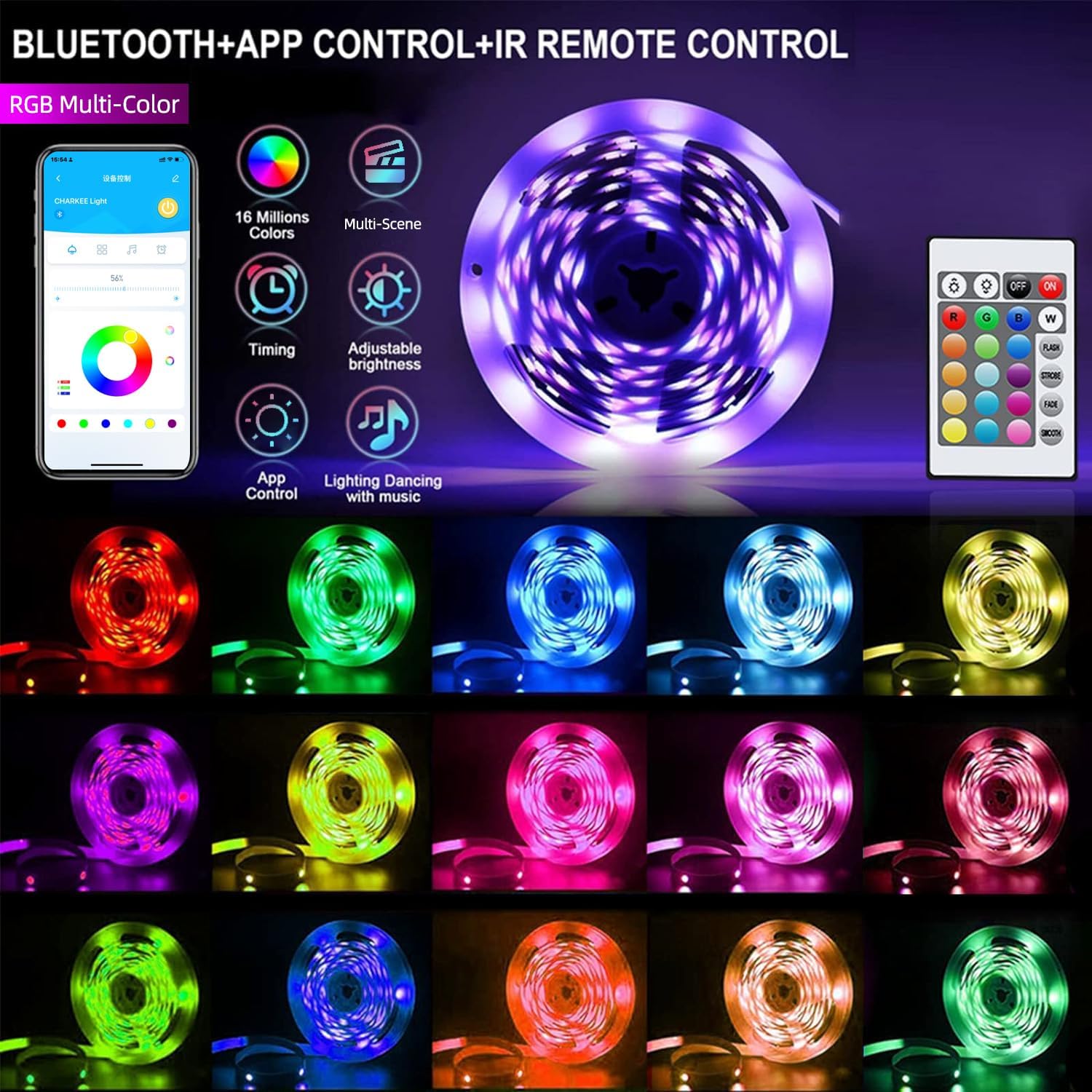dimmable rgb led with multiple color-changing modes (flashing, jumping, fading)