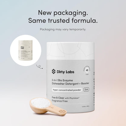 Dirty Labs Biobased Dishwasher Detergent and Rinse Booster – Prop 65 Free Nontoxic Clean for Hard Water Spot Reduction