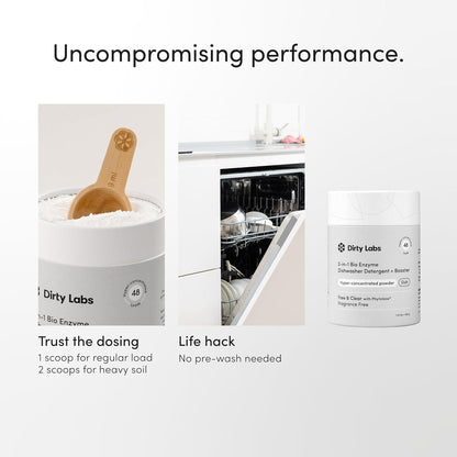 Dirty Labs Biobased Dishwasher Detergent and Rinse Booster – Prop 65 Free Nontoxic Clean for Hard Water Spot Reduction