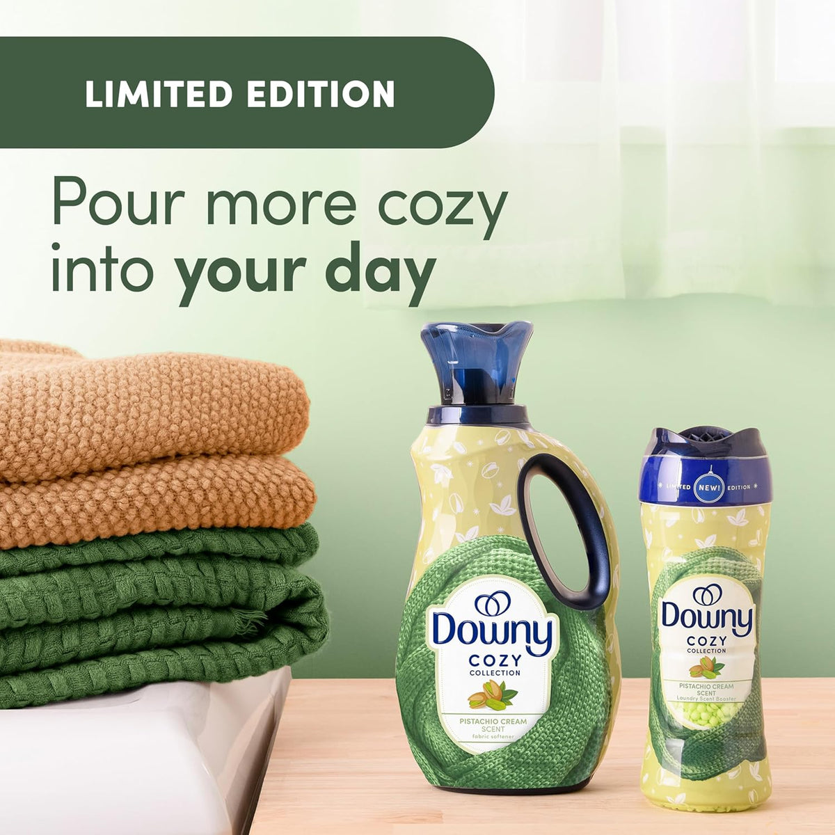 Downy Cozy Collection Laundry Scent Beads – Pistachio Cream Fragrance for Yoga Room Towels & Stress-Relief Bedding Layers, 7.8 oz