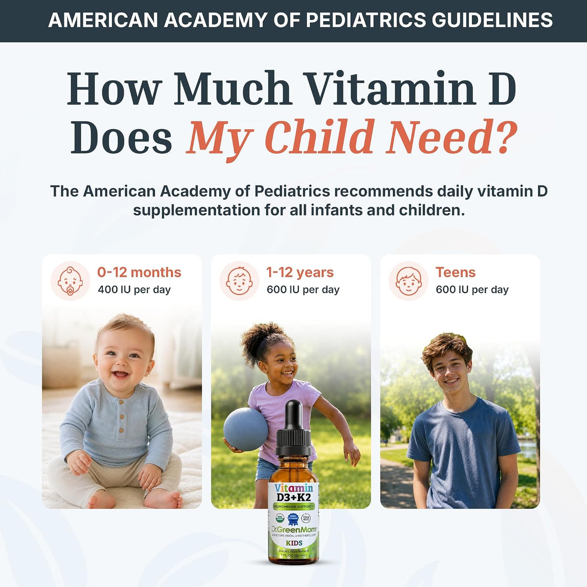 Dr. Green Mom Baby & Toddler Vitamin D3 Drops with K2 — USDA Organic, Sugar-Free, Easy Single-Drop Dose