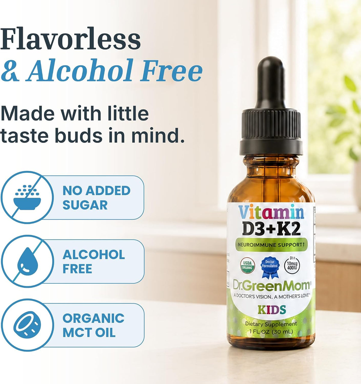 Dr. Green Mom Baby & Toddler Vitamin D3 Drops with K2 — USDA Organic, Sugar-Free, Easy Single-Drop Dose