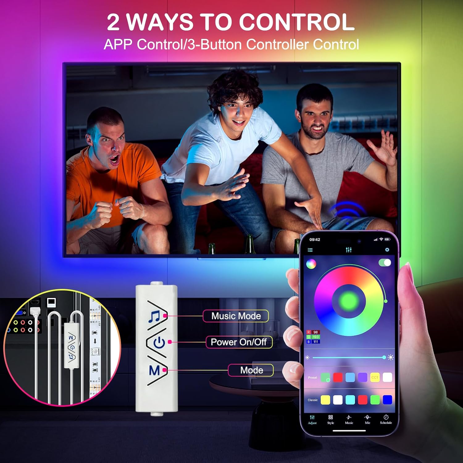 dual control via duoco strip or lotus lantern app over bluetooth plus 3-button physical controller