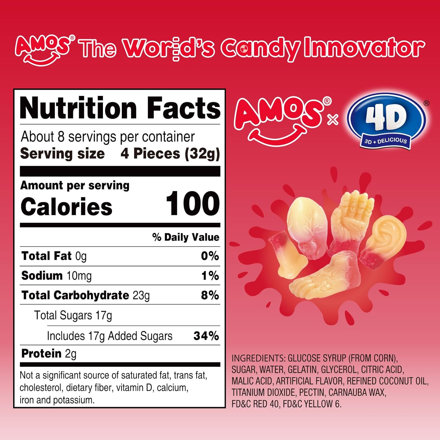 dual-flavor design with orange-flavored flesh-colored pieces and cherry-flavored red pieces