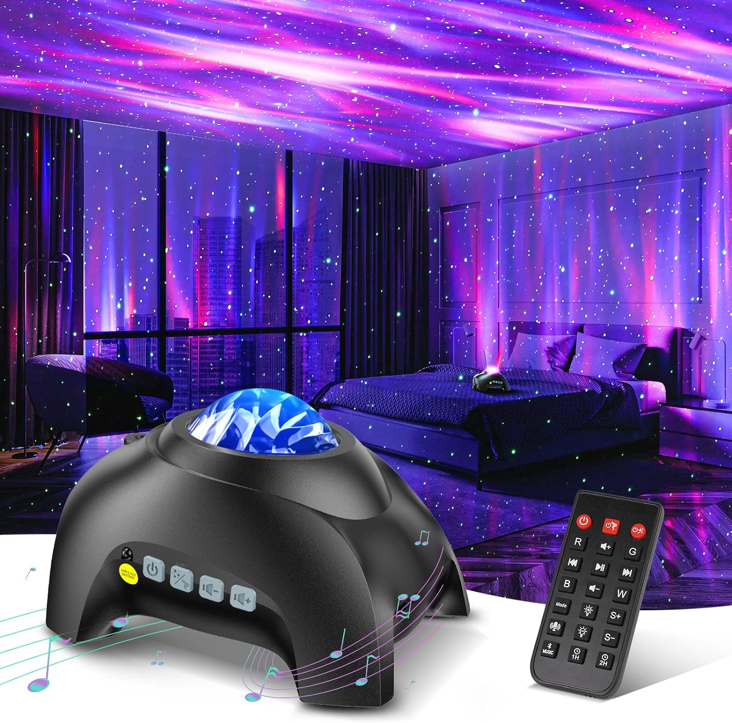 dual-lens projector delivering 33 light effects, 3 modes, and 16 northern light patterns