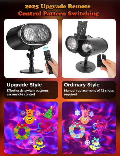 dual-mode projection: holiday patterns (halloween/christmas) plus 3d color ocean wave for year-round use