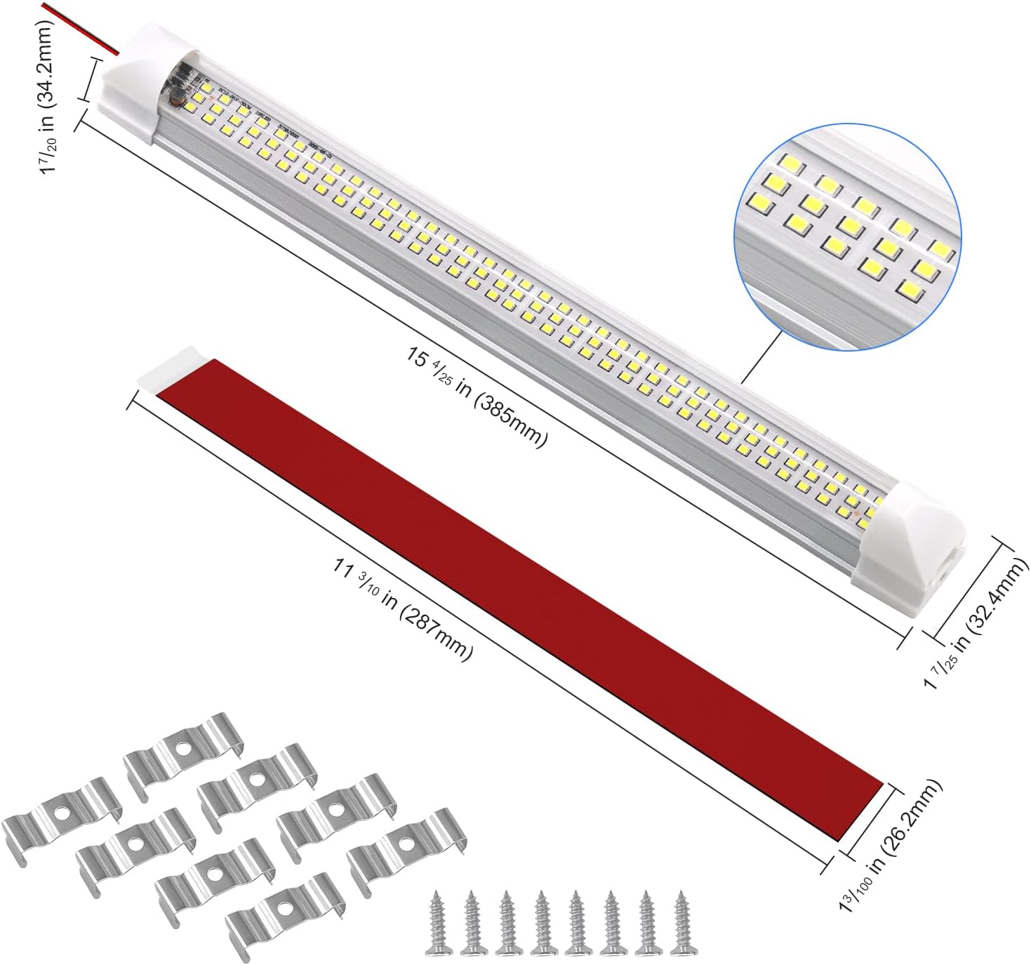 dual mounting hardware: self-adhesive tape plus stainless steel clips and screws