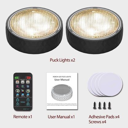 dual mounting: removable traceless double-sided adhesive pads or screw fix; round 2.95" puck form factor in black or white