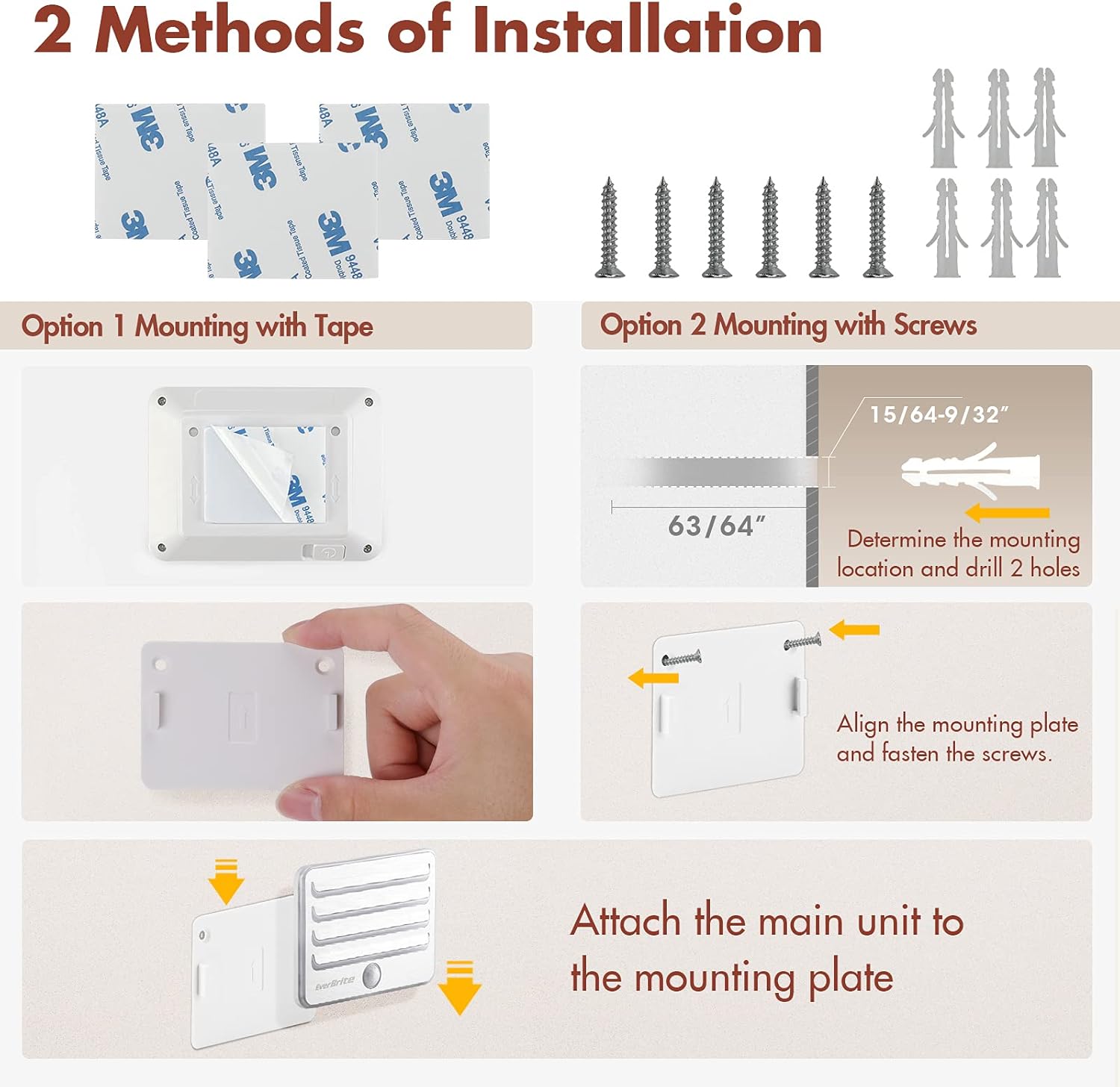 dual mounting system: damage-free 3m-style adhesive tape or screw-in option