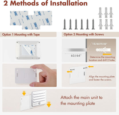 dual mounting system: damage-free 3m-style adhesive tape or screw-in option