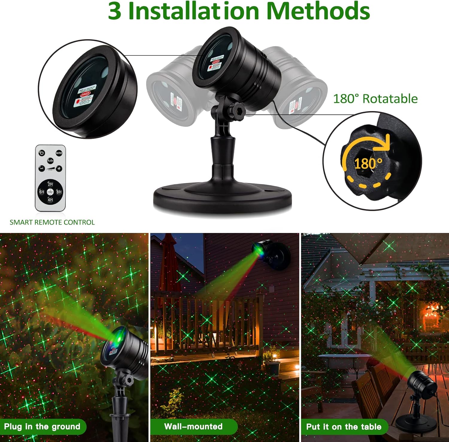 dual mounting system: ground stake for lawns plus round base for flat surfaces or walls