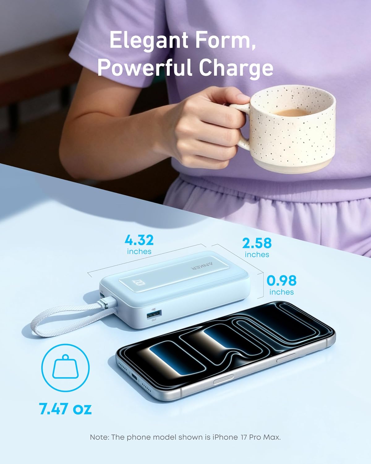 dual ports: built-in usb-c cable plus one additional usb-c and usb-a output