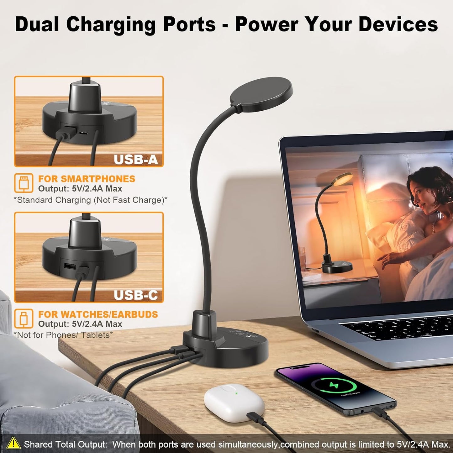 dual usb charging ports (usb-a + type-c) for phones and small devices