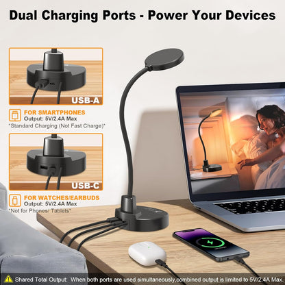 dual usb charging ports (usb-a + type-c) for phones and small devices