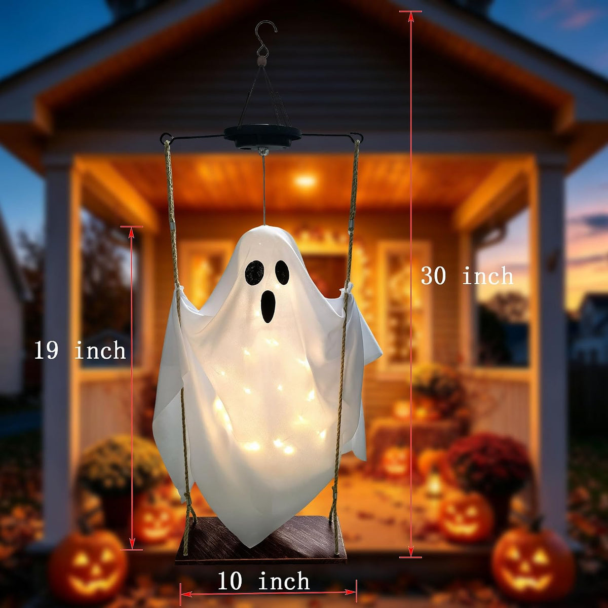 durable white fabric ghost with sturdy metal base and hanging frame, rated for outdoor use