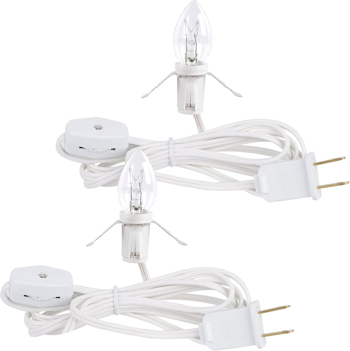 each 6-foot white cord includes a clear 5-watt candelabra bulb with steady warm white illumination