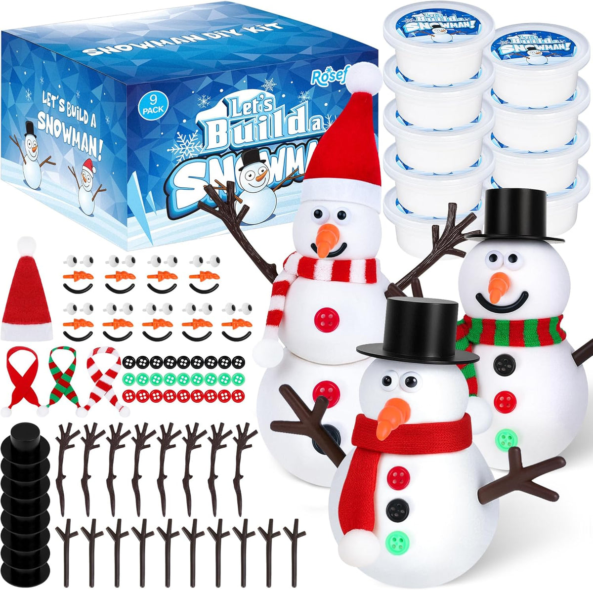 each 9-piece set includes 9 air-dry clay portions, 9 mouths, 9 noses, 9 hats, 9 pairs of eyes, 18 arms, 27 buttons, and 3 scarves