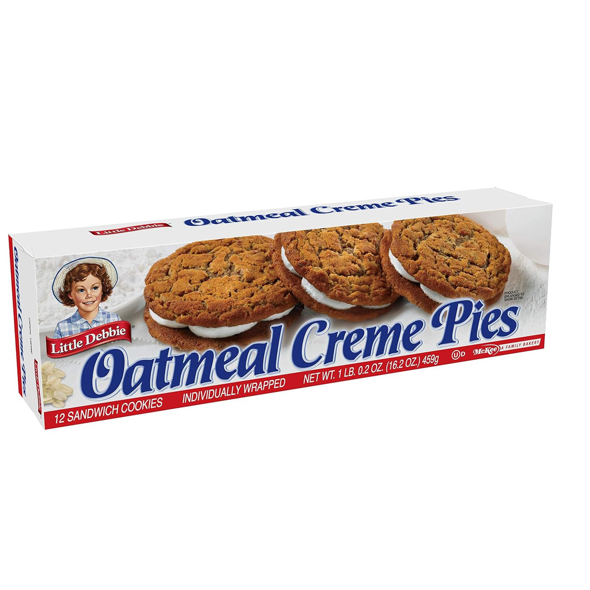 each cookie uses a soft sandwich-cookie construction with creme filling between oat-based cookie layers.