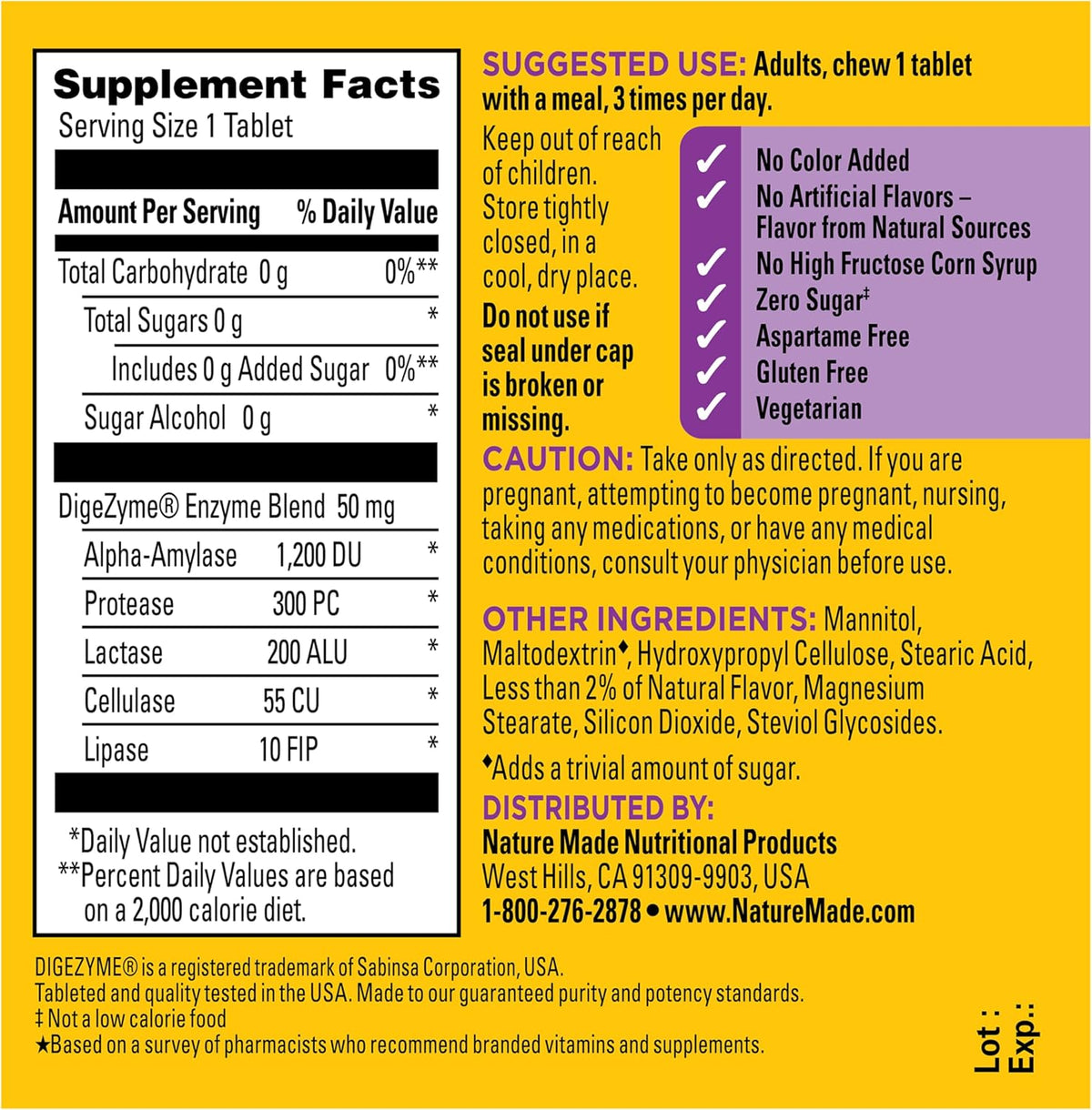Nature Made 5-in-1 Digestive Enzyme Supplement, 90 Vegetarian Chewables for Lactose-Friendly Dining