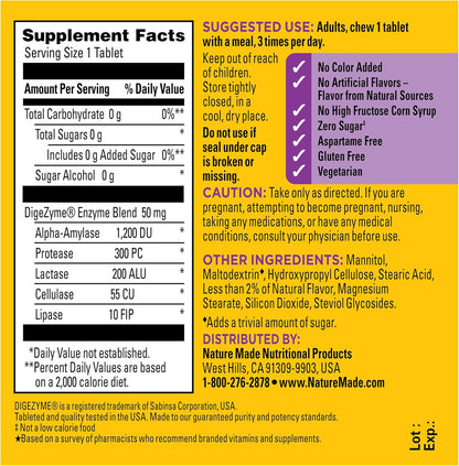 Nature Made 5-in-1 Digestive Enzyme Supplement, 90 Vegetarian Chewables for Lactose-Friendly Dining