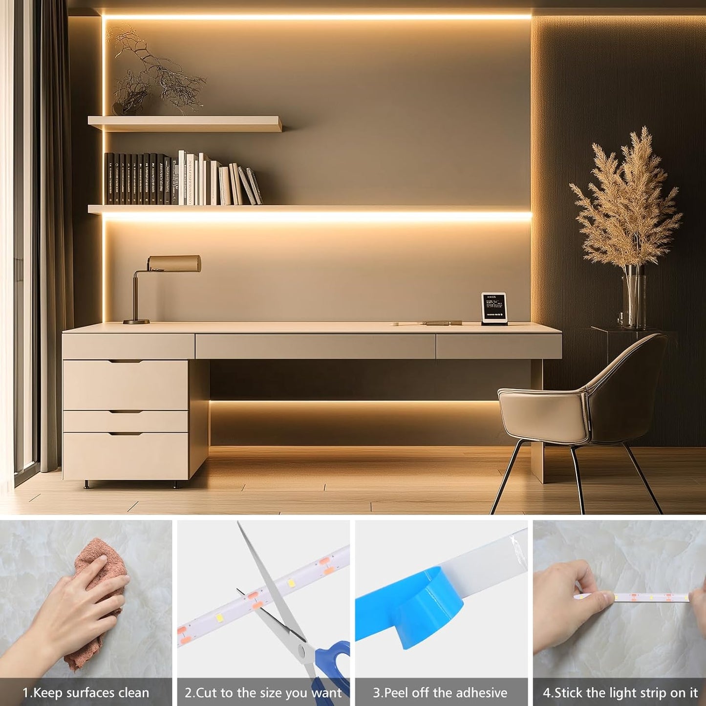 echosari LED Strip Lights Warm White – Elegant Under-Cabinet and Bookshelf Decor Lighting, Remote Controlled, Peel and Stick