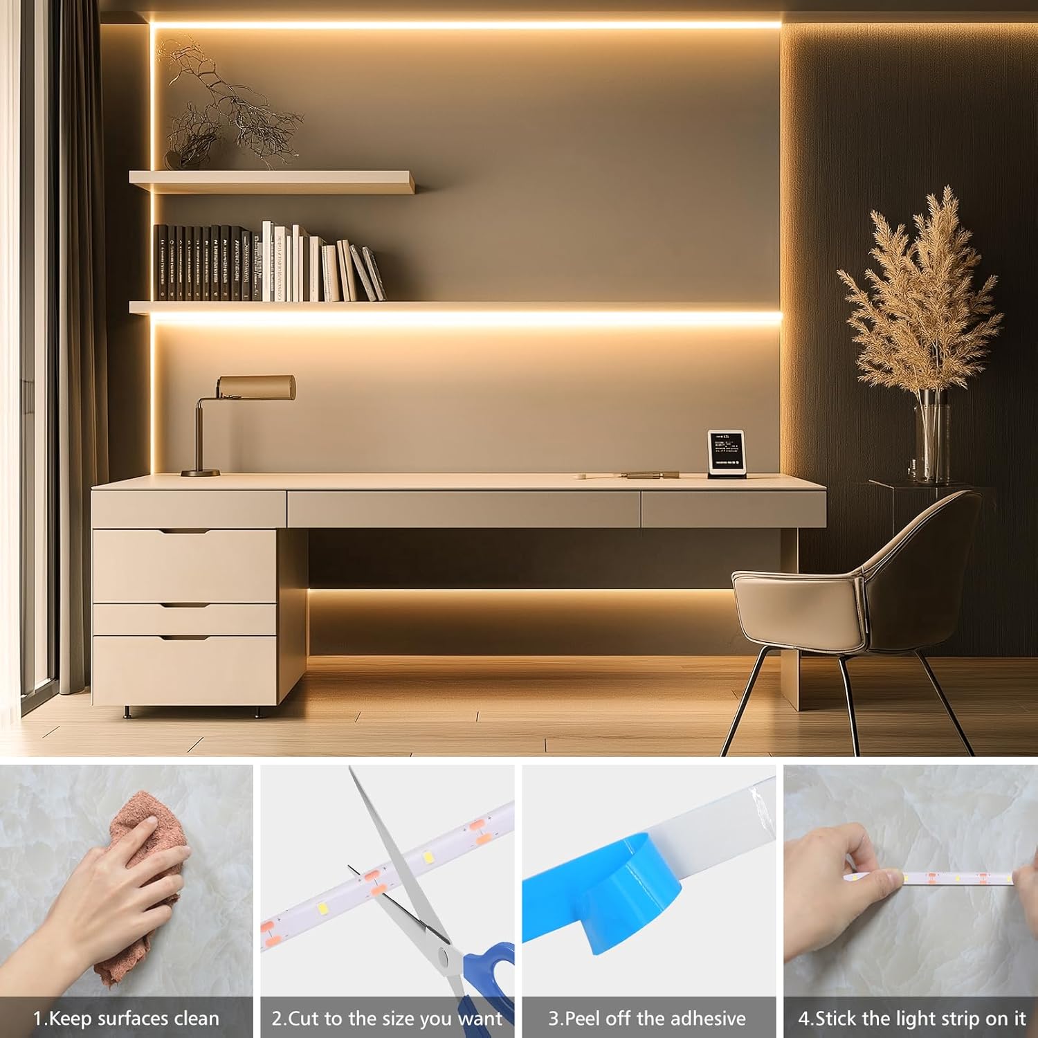 echosari LED Strip Lights Warm White – Elegant Under-Cabinet and Bookshelf Decor Lighting, Remote Controlled, Peel and Stick