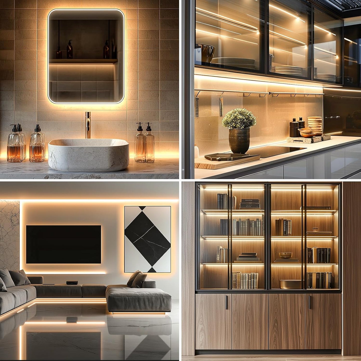 echosari LED Strip Lights Warm White – Elegant Under-Cabinet and Bookshelf Decor Lighting, Remote Controlled, Peel and Stick