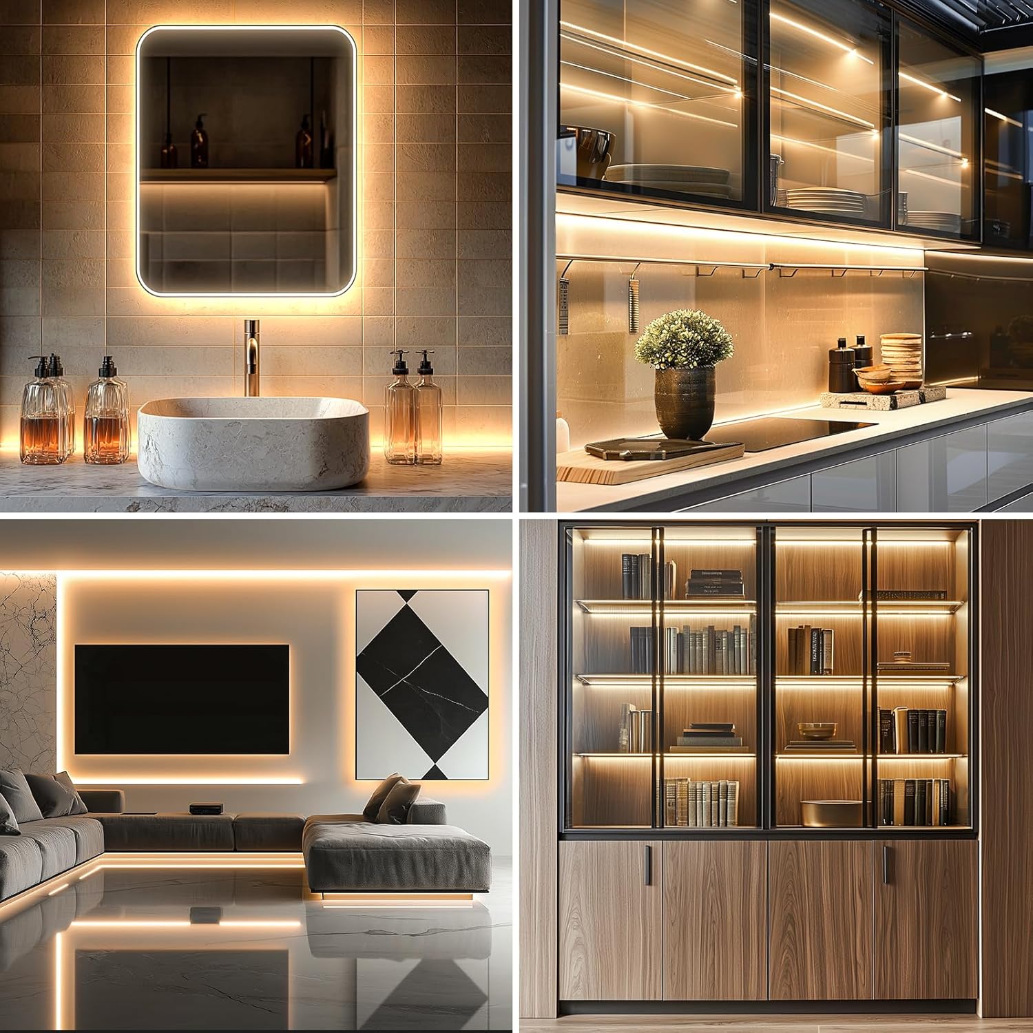 echosari LED Strip Lights Warm White – Elegant Under-Cabinet and Bookshelf Decor Lighting, Remote Controlled, Peel and Stick