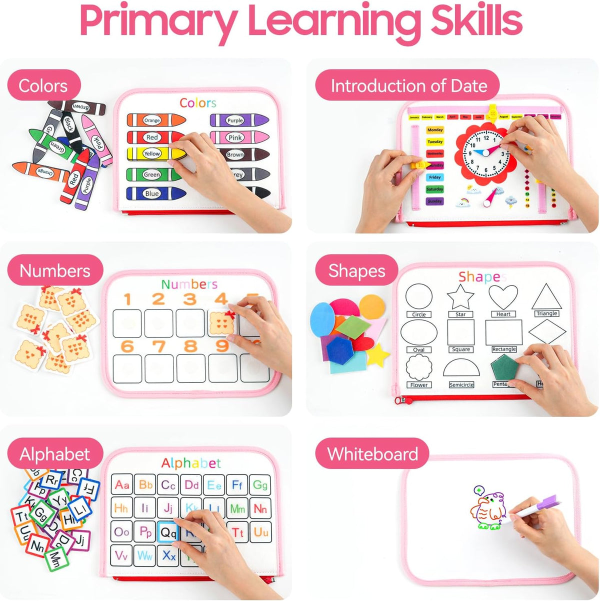 educational content covering colors, shapes, numbers 1 through 10, alphabet a-z, animals, weather, days, weeks, and months
