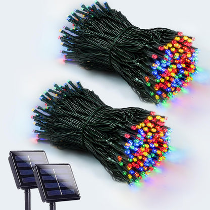 EEW 2-Pack 200 LED Solar String Lights Outdoor, Solar Christmas Lights with 8 Lighting Modes, Waterproof Green Wire Solar Powered Light for Outside Xmas Tree Party Garden Decorations (MutilColor)