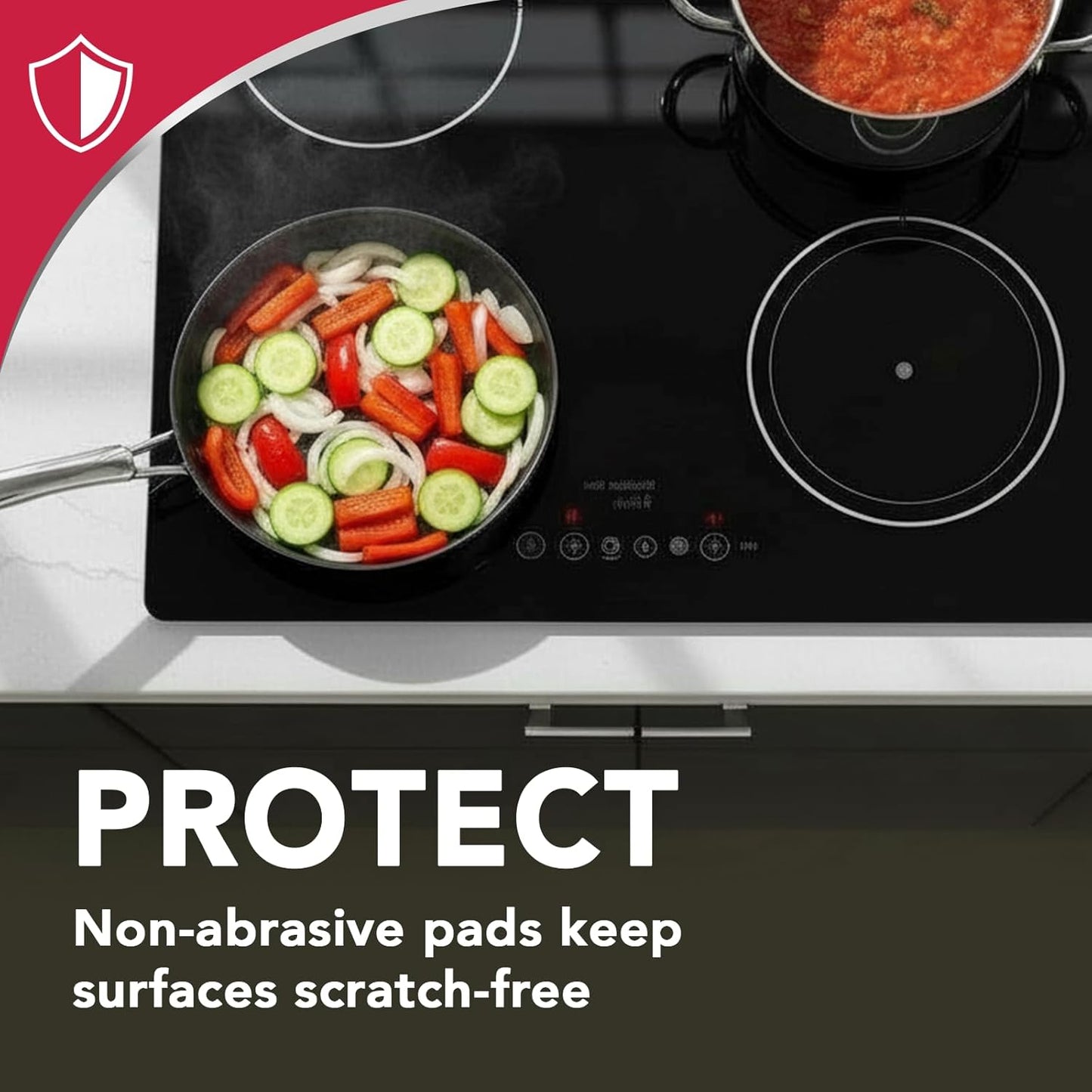 effectively cuts through tough cooked-on stains and residue