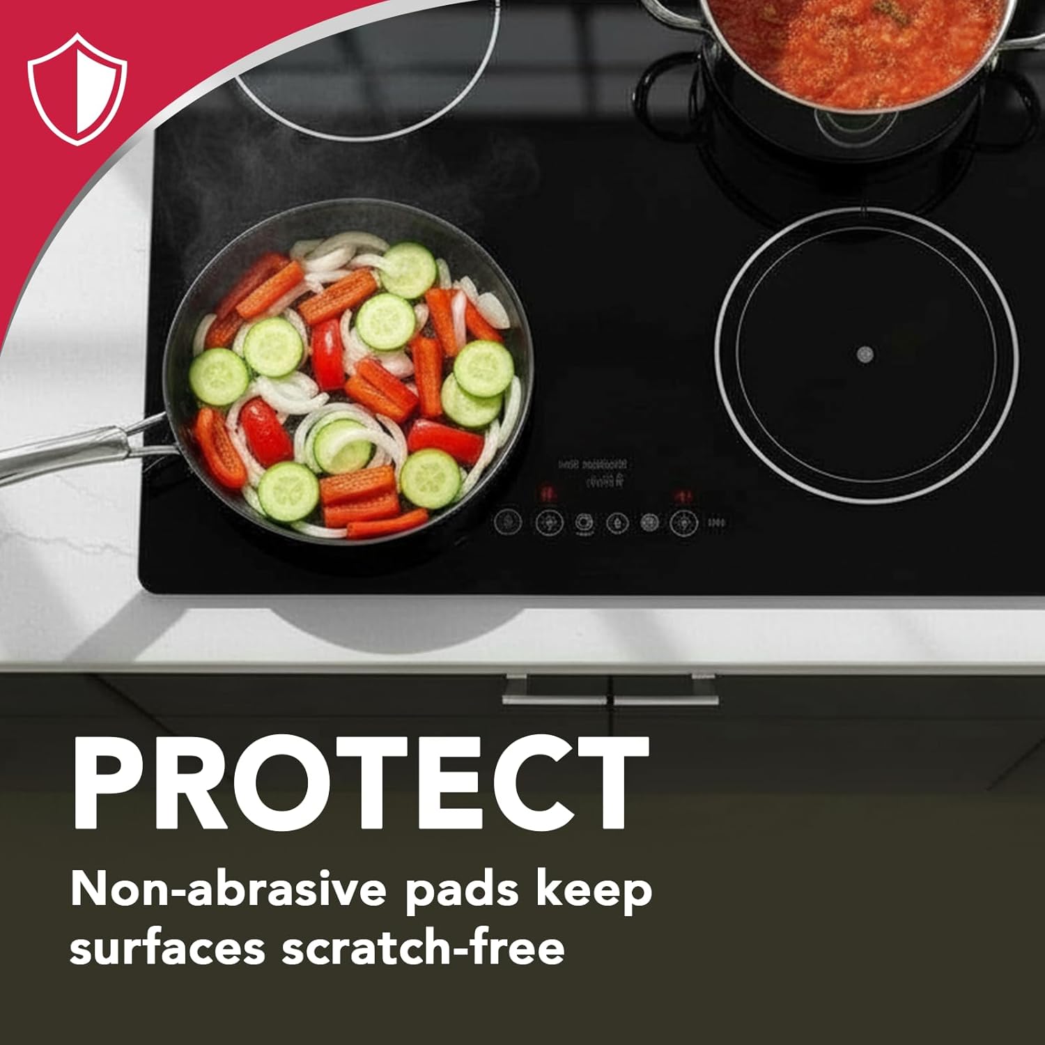 effectively cuts through tough cooked-on stains and residue