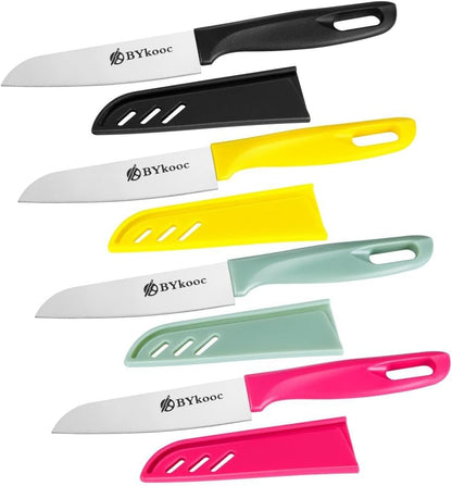 eight-piece set containing four paring or peeling knives and four individual sheaths