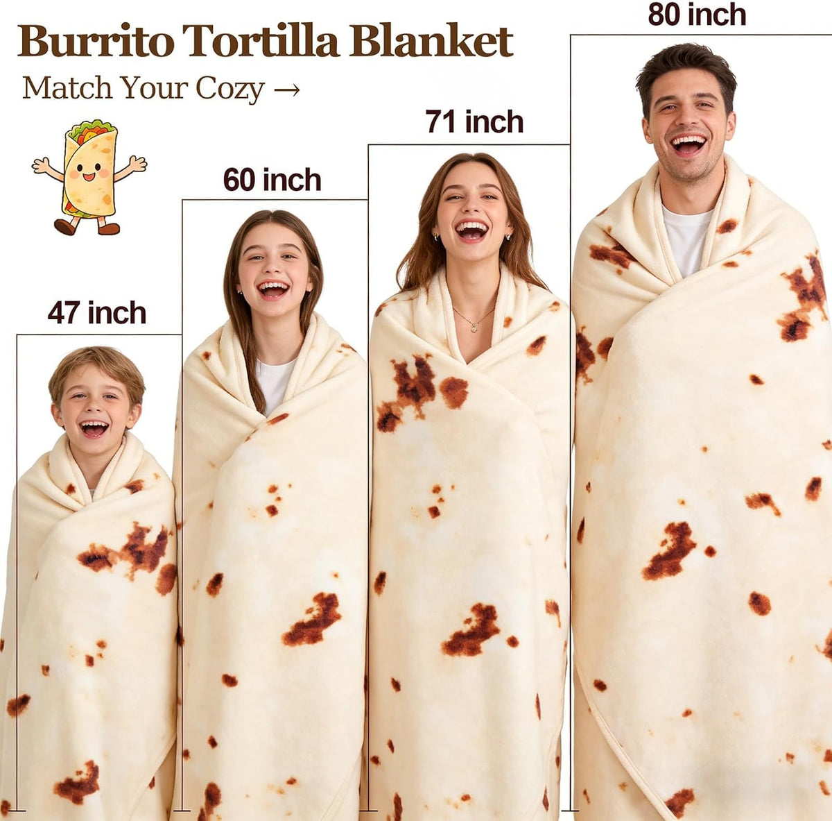 eight size options from 36 inches to 90 inches covering children, teens, and adults