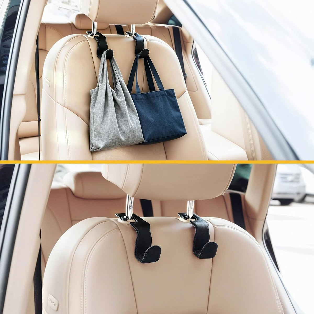 EldHus Headrest Hooks for Purses and Bags – Stable Car Organizer That Stays Put on Headrest Posts, 2 Pack