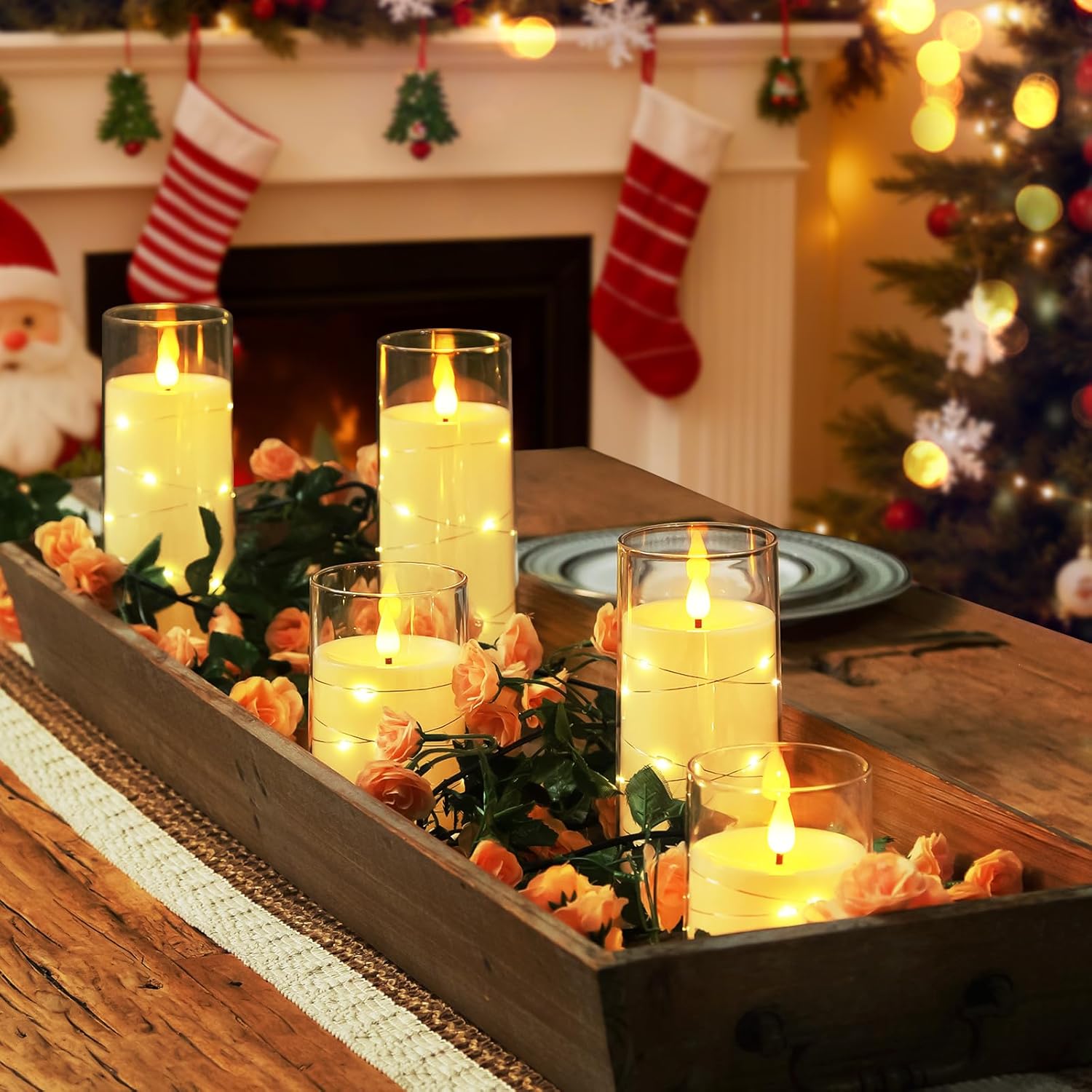 embedded warm-white star string fairy lights wound around each candle