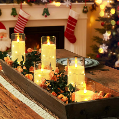 embedded warm-white star string fairy lights wound around each candle
