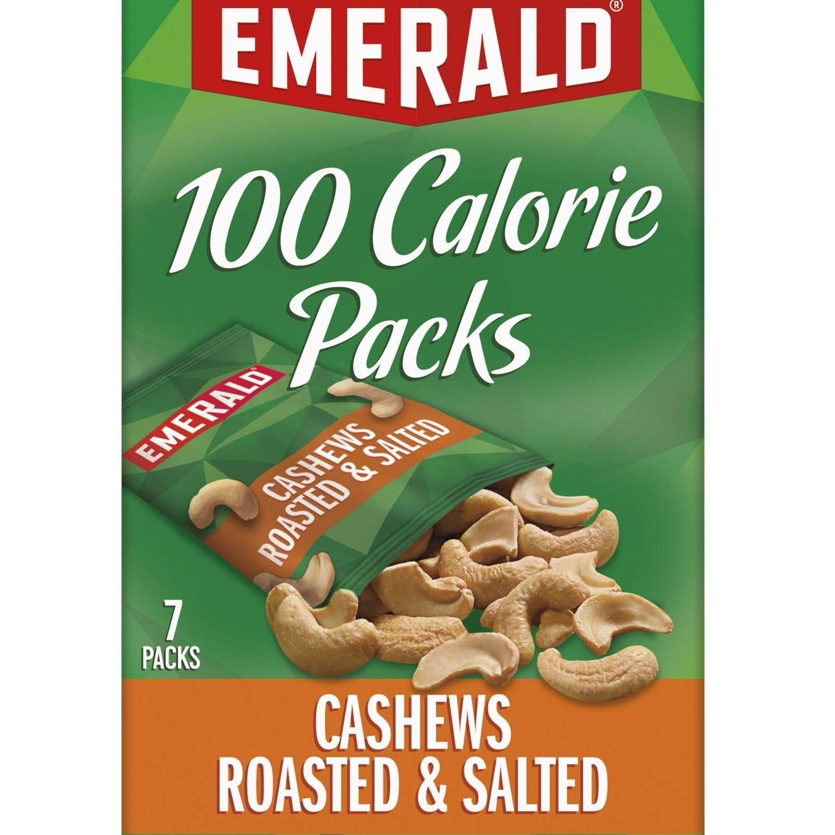 Emerald Nuts Roasted and Salted Cashews 7ct – 100-Calorie Mindful Snack for Home Office Wellness, Portion-Controlled Single-Serve Packs