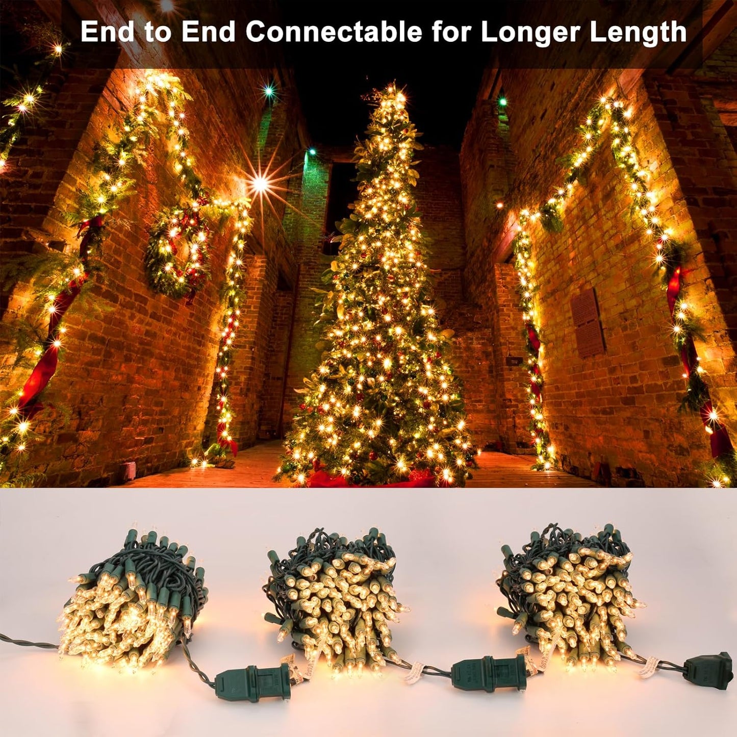 end-to-end connectable design supporting up to 3 linked sets (450 lights maximum)
