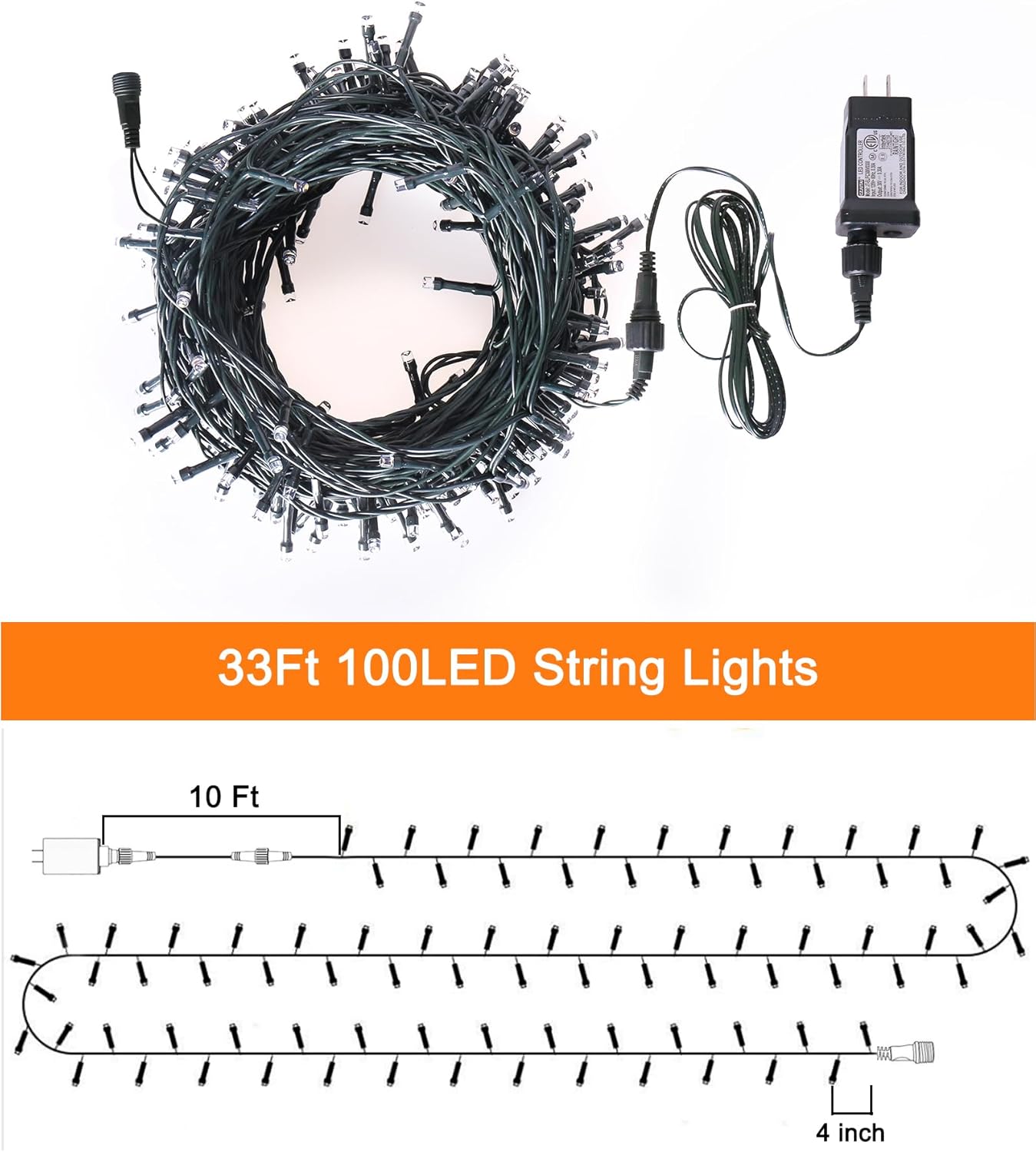 end-to-end extendable up to 4 connected strands (33 ft lit + 10 ft lead per set)