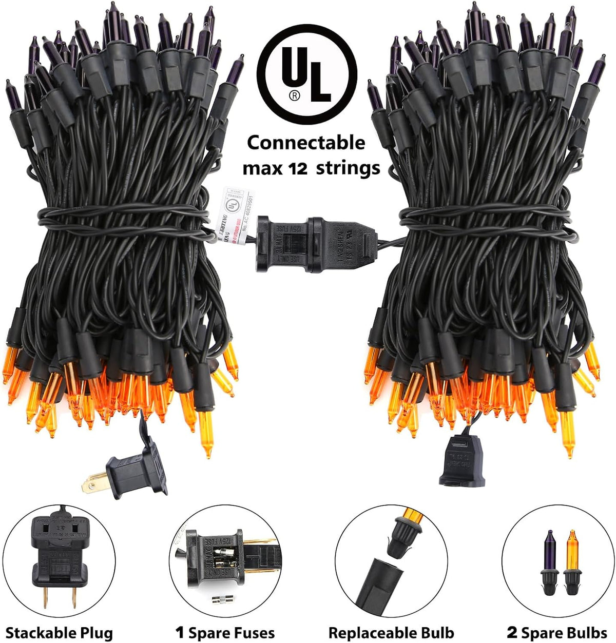 end-to-end male/female safe plug allowing up to 10 strands to daisy-chain to 125ft total