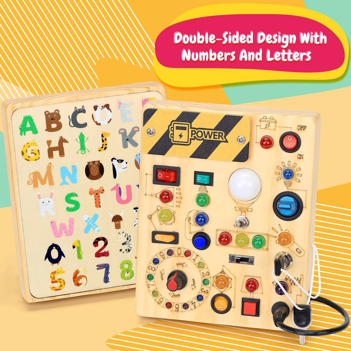 engraved a-z letters and 0-9 numbers on the reverse for alphabet and counting practice
