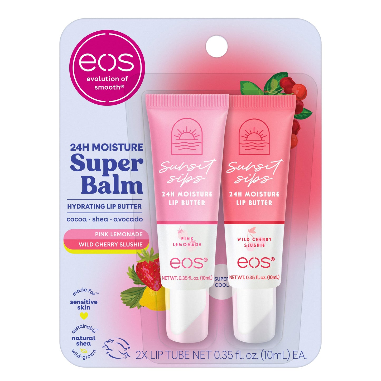 eos 24H Moisture Super Balm - Pink Lemonade &amp;amp; Wild Cherry Slushie, Day or Night Lip Treatment, Made for Sensitive Skin, Lip Balms &amp;amp; Moisturizers, 0.35 fl oz, 2-Pack