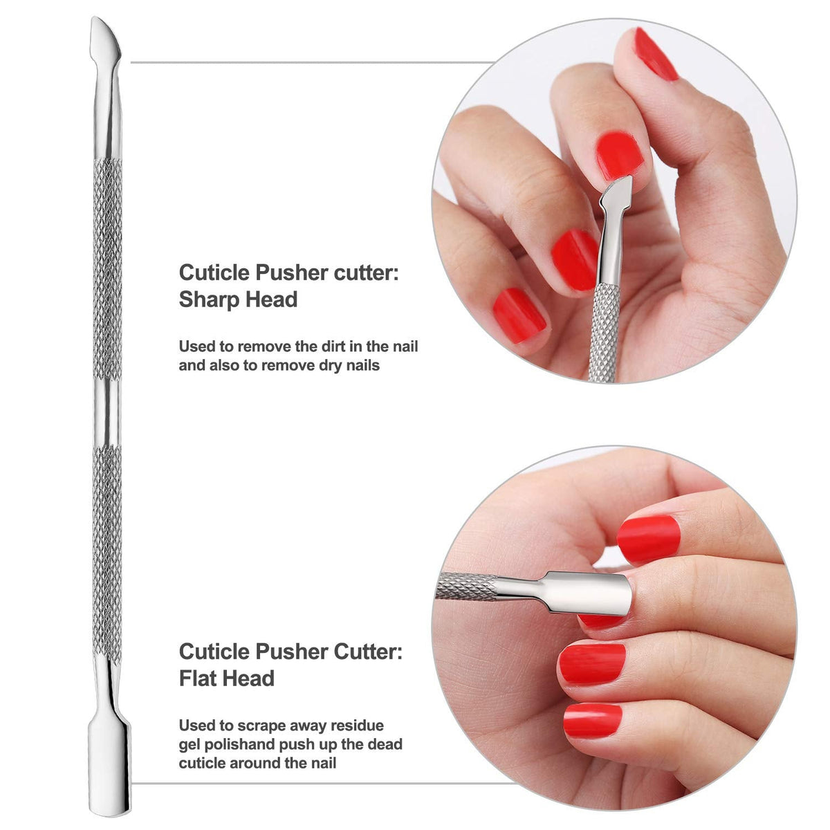 ergonomic non-slip handle with curved flat pusher end and sharp scraping end