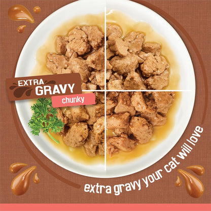 extra gravy wet formula with tender meaty chunks in 5.5 oz pull-top cans