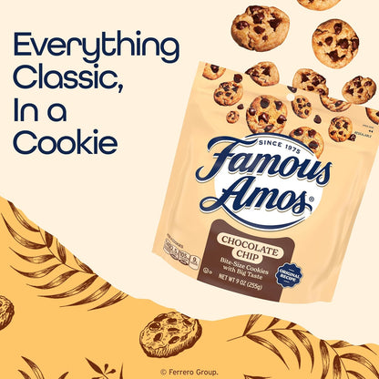 Famous Amos Chocolate Chip Cookies, Bite-Size Snack Bag for School Lunchboxes and Kids' Backpacks, 9 oz Resealable Pack