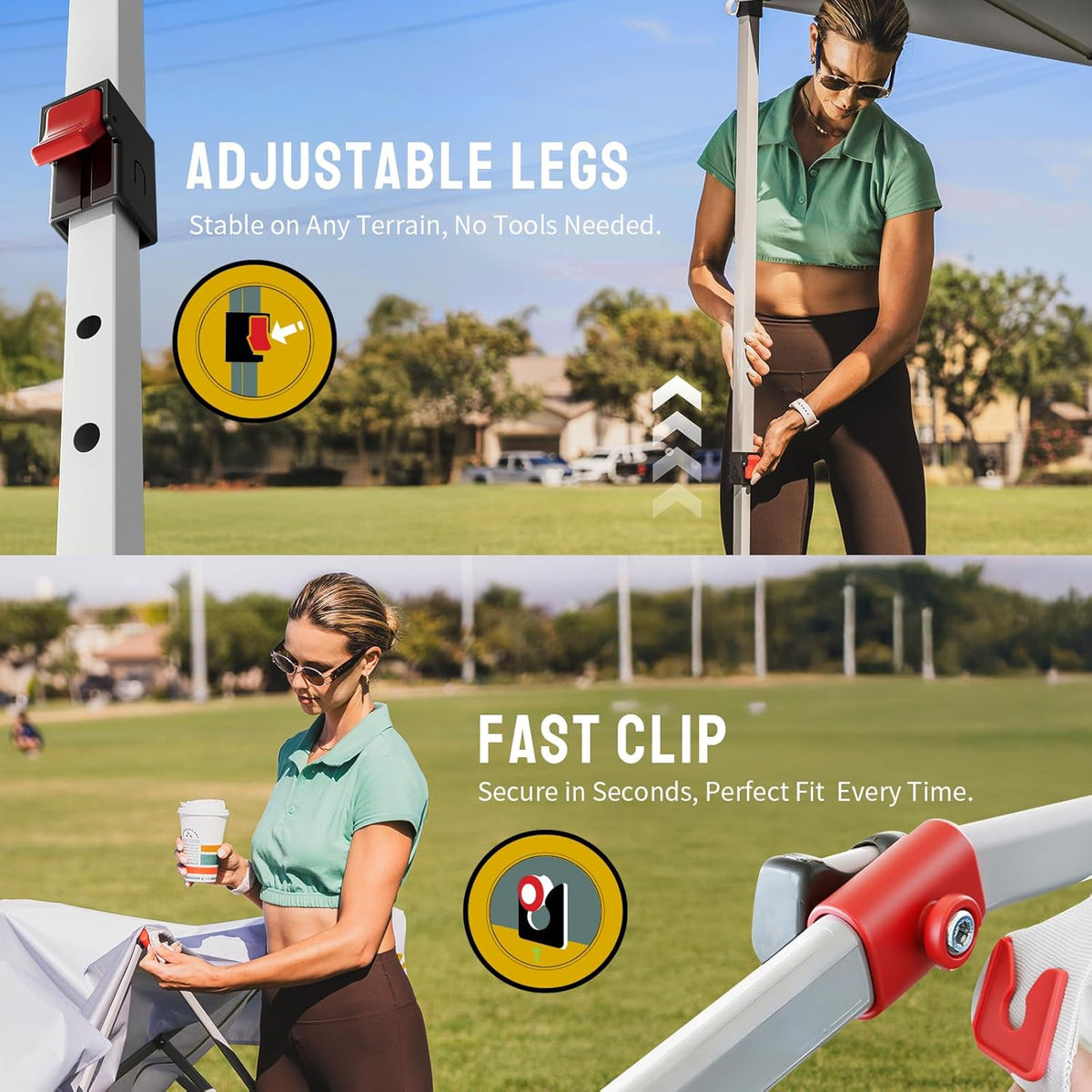 fast clip canopy attachment system with integrated air vents to prevent wind lift and rain pooling