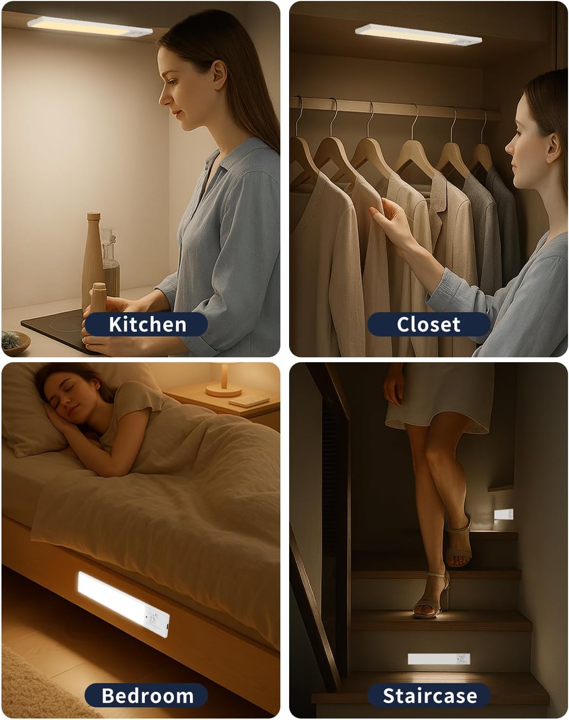 FBY Motion Sensor Under Cabinet Lighting, Safe Battery Powered LED for Kids Rooms and Senior Fall Prevention, USB-C Rechargeable 3-Pack