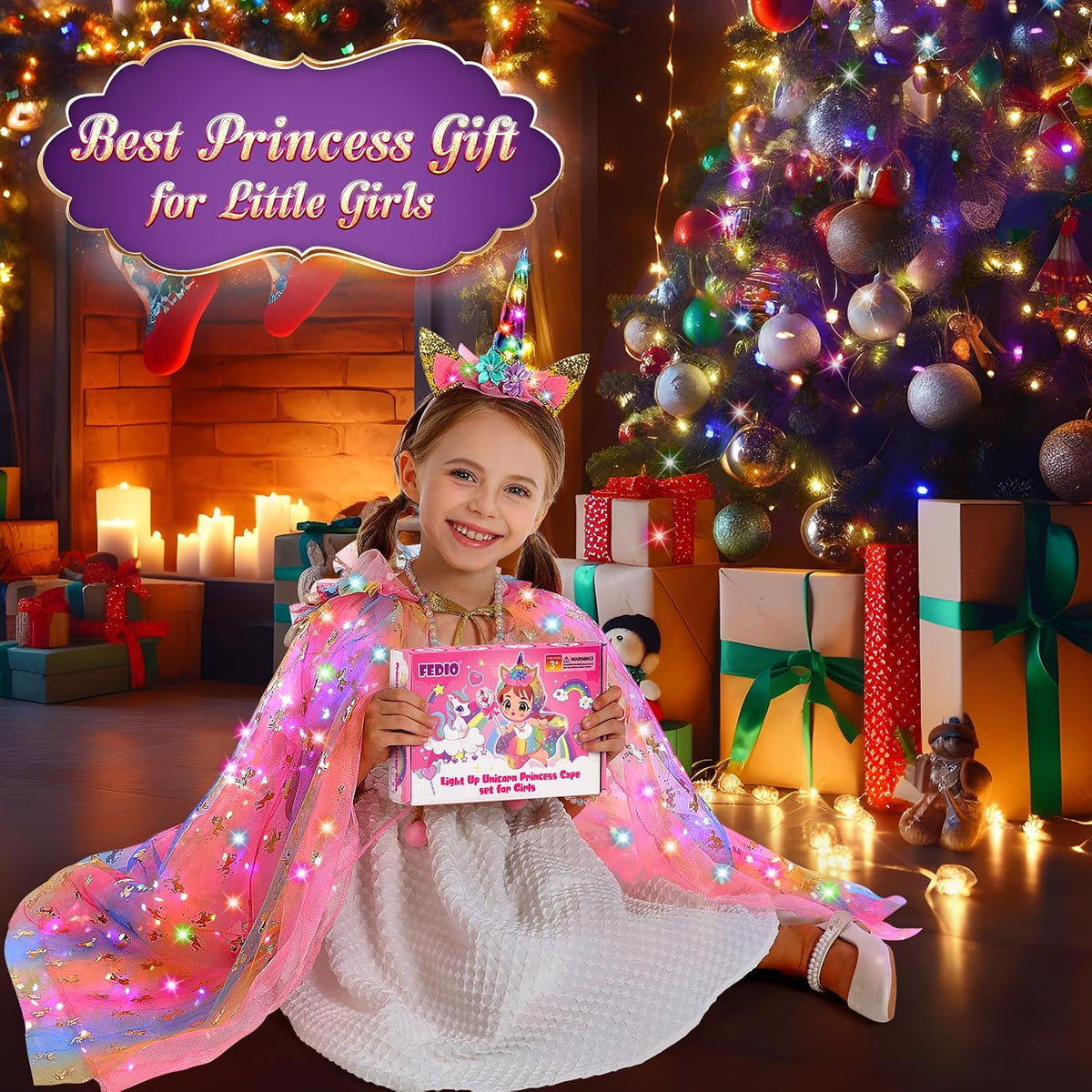 Fedio Unicorn Princess Cape Set – Soft and Safe Dress Up Costume for Girls, Bedroom and Playroom Pretend Play